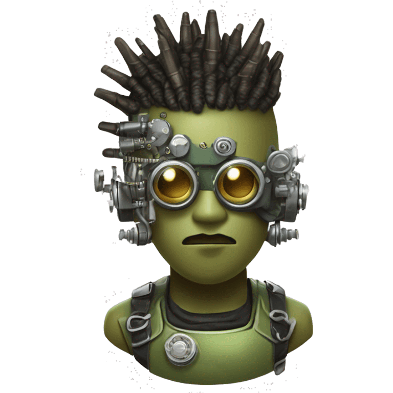 Olive green mohawk cyborg head with silver steampunk goggles, goatee and circuits emoji