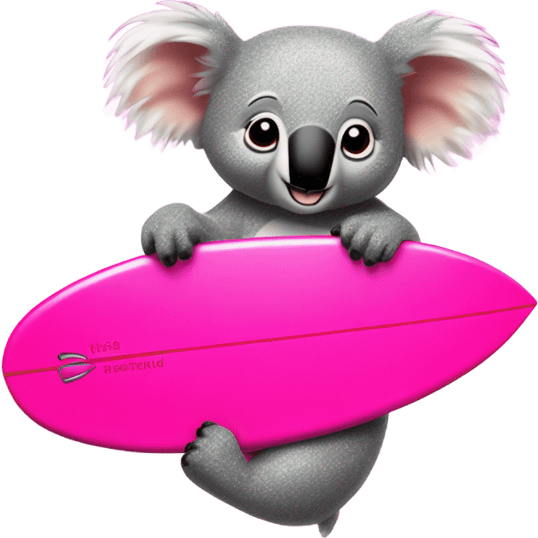 Hot pink glitter surf board with koala riding it emoji