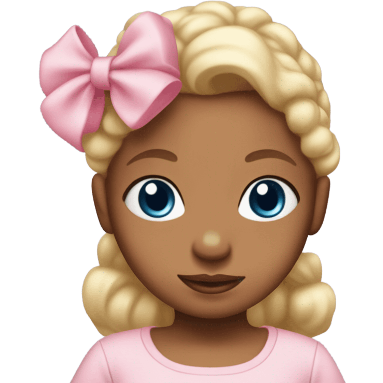 baby girl with blonde hair medium brown skin, blue eyes wearing a light pink dress onesie outfit with pink bow in hair  emoji