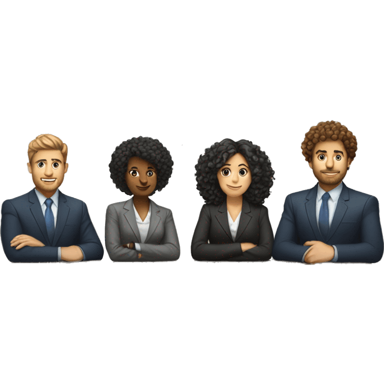 work meeting table 3 men and 4 women sitting on a table wearing suits the women have curly hair and one of the men is fat with a beard and of them is tanned with curly hair emoji