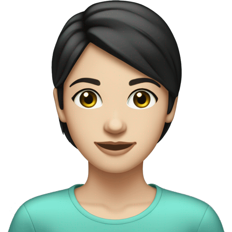 25 year-old caucasian girl white skin black bob hair blue-green eyes, thin face, smiling emoji