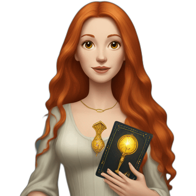 redhead white woman medium long straight hair, holding a tarot card in her hand emoji