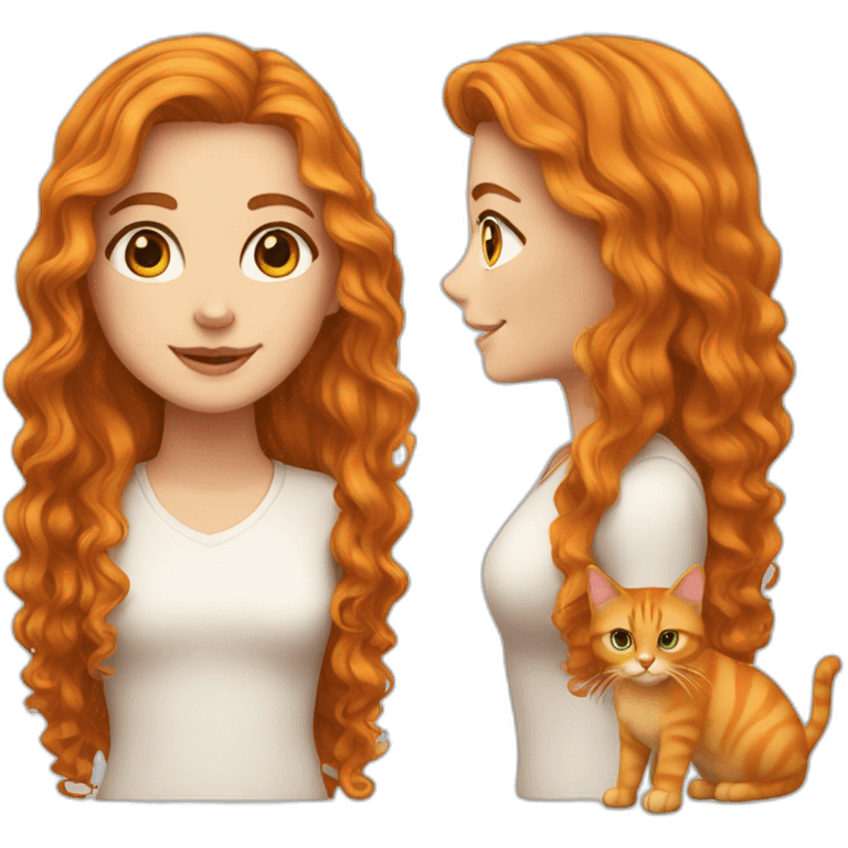 White Girl with long curly brunette hair with an orange cat emoji