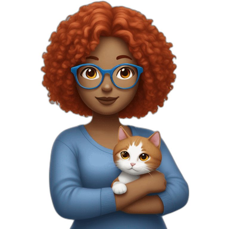 a curvy girl with red curly hair and blue glasses with a white and gray cat in her arms emoji