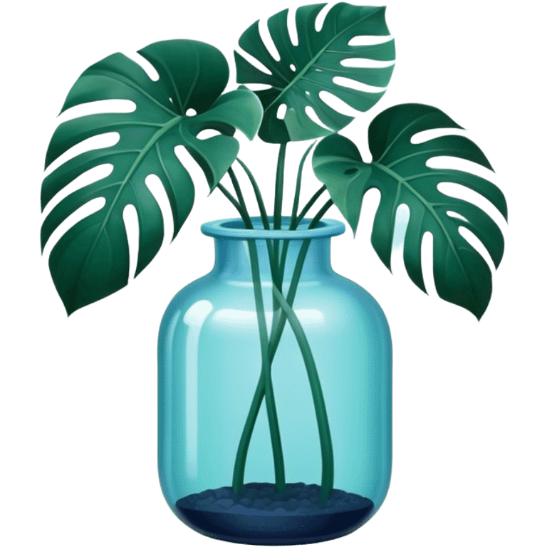 Aesthetic monstera flower in deep bottle green color in a beautiful blue pot emoji