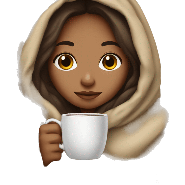 brunette girl covered in blanket holding hot cocoa / coffee emoji