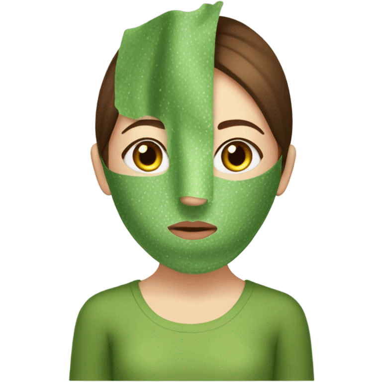 Girl with brown hair freackles white skin tone and blue eyes wears green sheet mask relaxing her eyes closed a pickle over her eyes emoji