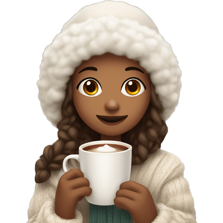 girl with white fluffy hat on and cozy sweater holding hot cocoa  emoji