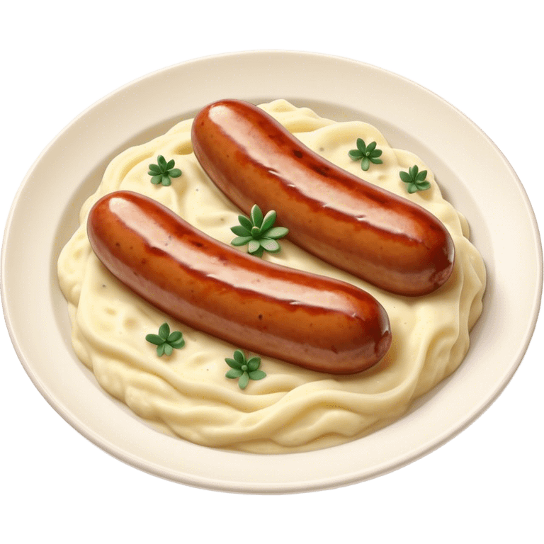 Cinematic Realistic Bangers and Mash Dish Emoji, featuring succulent pork sausages paired with creamy mashed potatoes rendered with detailed textures and natural highlights that emphasize its robust, hearty flavor. emoji