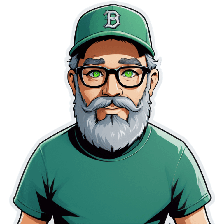 A bold man with a grey baseball cap, green eyes, big beard and glasses, waving  emoji