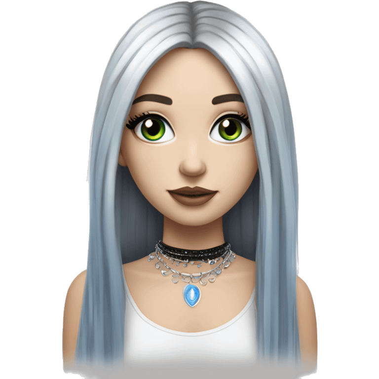 Hyperrealistic white girl with blue eyes and long black hair with rainbow fringe. Wearing cute black & silver choker necklace has dark eye makeup on her eyes emoji