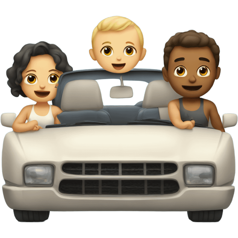 Baby in a car with mom and dad with stomach showing in a tank top emoji