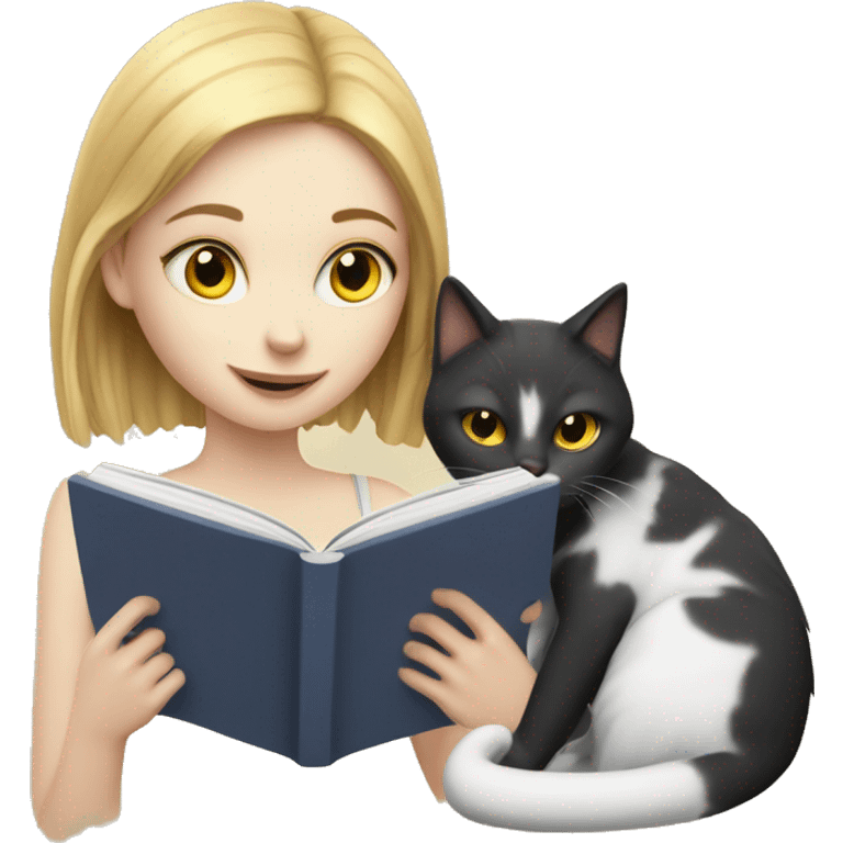 a pale skinned girl reading a book and a cat emoji