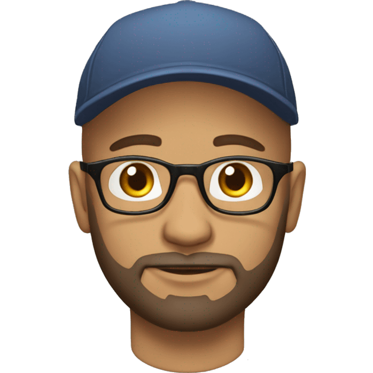 Bald 35 year old man with beard, round brown glasses, cap on backways emoji