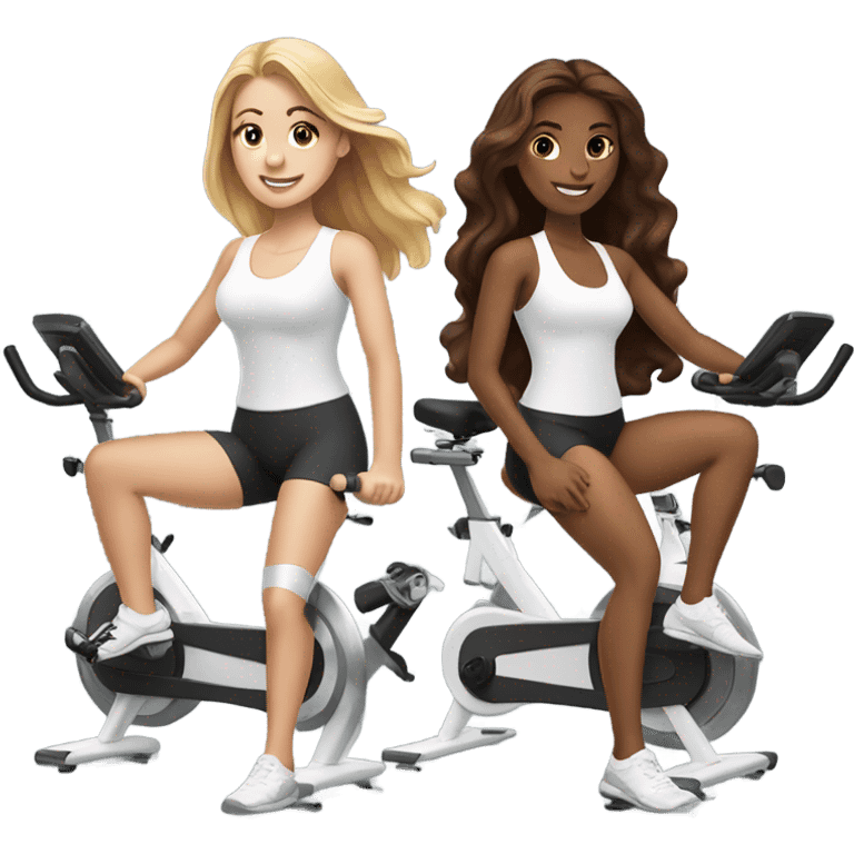 Two white skin girls with long brown hair at spin class emoji