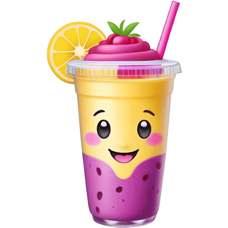 Cute Kawaii Smoothie Cup, filled with blended fruity goodness, a smiling face with excited eyes, bright colorful layers of pink, yellow, and purple, topped with a straw and tiny fruit slices! emoji