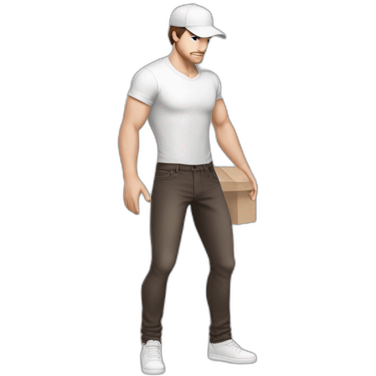 Pale skinned fit Man with dark brown hair in a light gray cap, dark brown jeans, brown polo and white T-shirt keeping a pasted with tape white box into his hands emoji