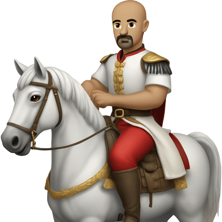 a Cossack warrior sitting on a horse in a field. The Cossack has a shaved head and a long strand of hair on one side. He has a thick, curved mustache and wears a gold earring in his left ear. He is wearing a simple white shirt and red pants emoji