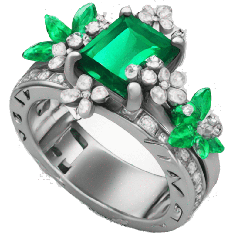 Silver emerald ring with flowers diamonds  emoji