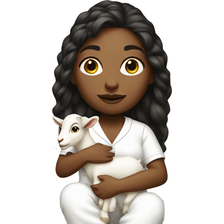 woman wearing white pajamas with white goat doll  emoji