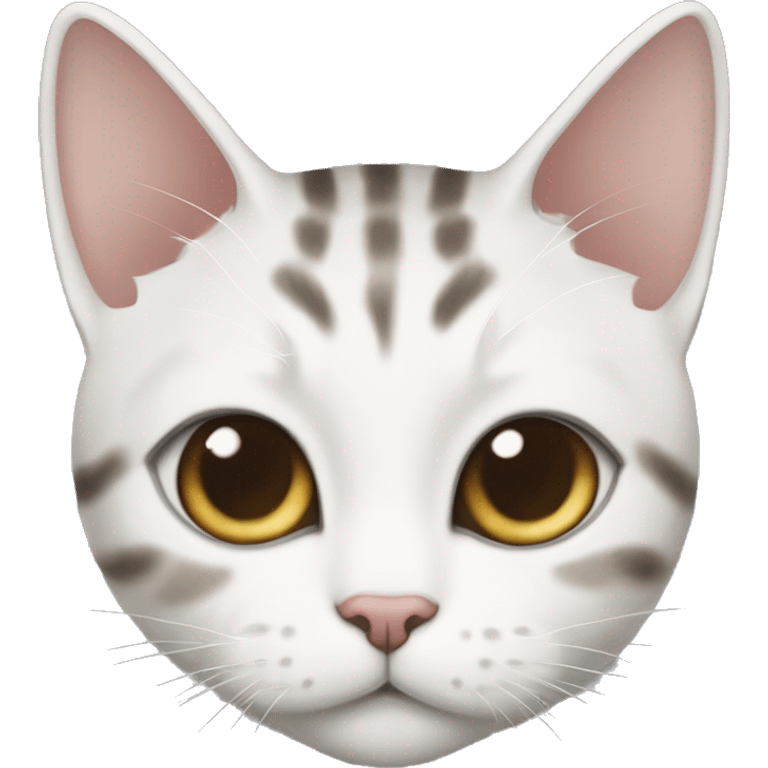 A Korean shorthair cat, a mackerel tabby, diamond-shaped white fur from the bridge of the nose to the mouth, white fur on the limbs and chest. emoji