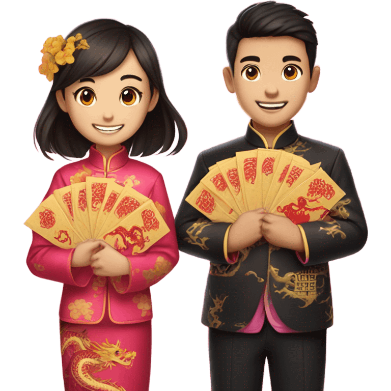 Boy and girl celebrate Chinese new years clothing emoji