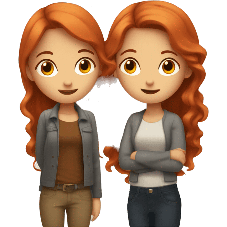 2 girls, one with red hair one with brown, standing next to each other and one is whispering in the others ear emoji