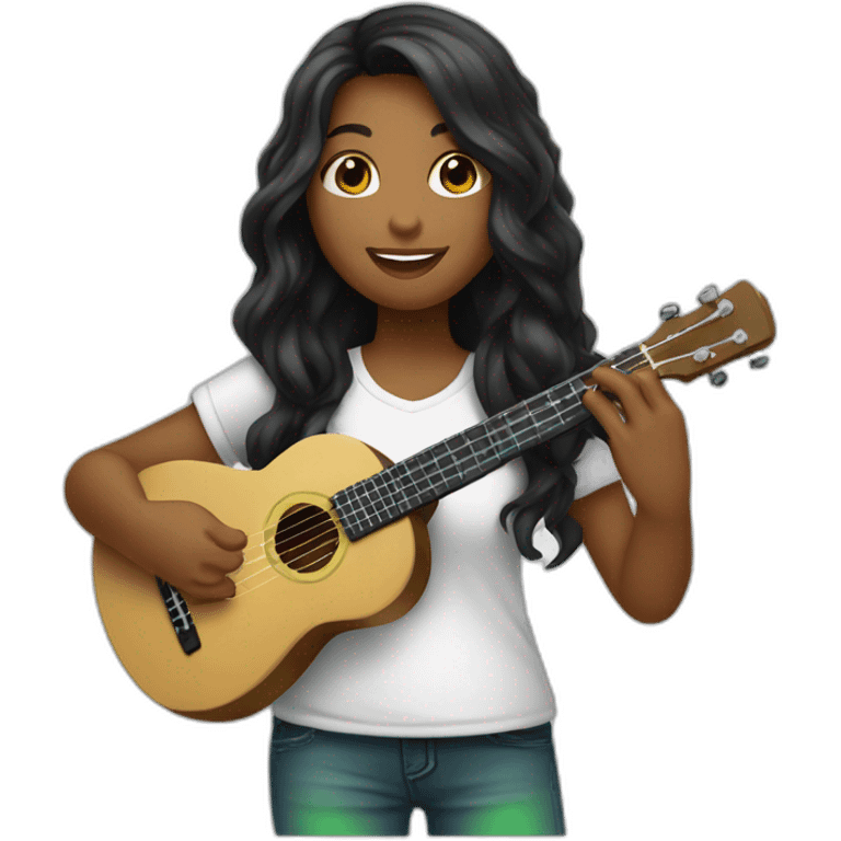 black-long-haired-fair-skin-girl-with-white-tshirt-playing-green-ukulele emoji