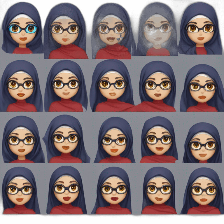 Hijabi girl white skin , dark iris , midnight blue glasses tiny nose , pulpy lips red , almond eyes , emoji