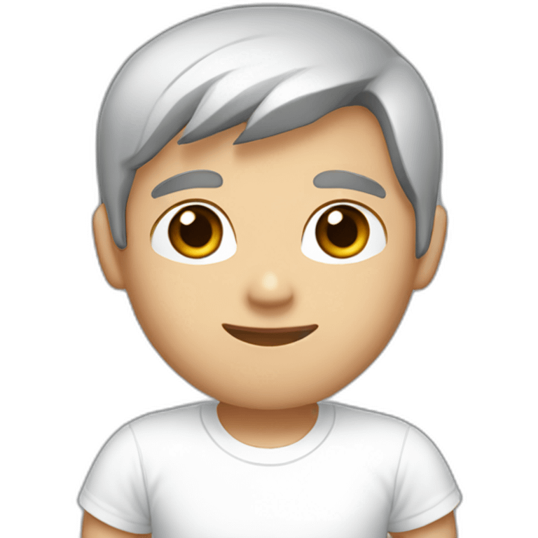 a young man with white skin, shorter black-brown hair and dark brown eyes wearing a white t-shirt emoji