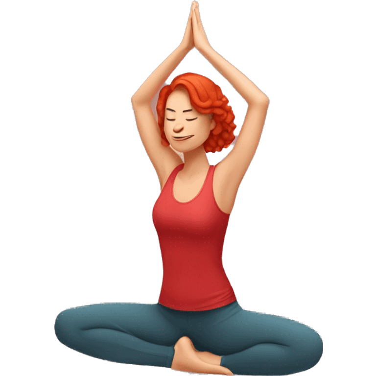 woman with red hair doing yoga heron pose in red clothes emoji