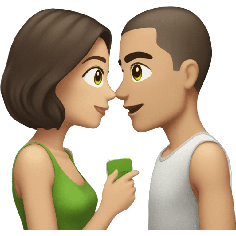 Buzz cut brown hair guy with green eyes kissing girl with dark brown hair and brown eyes emoji