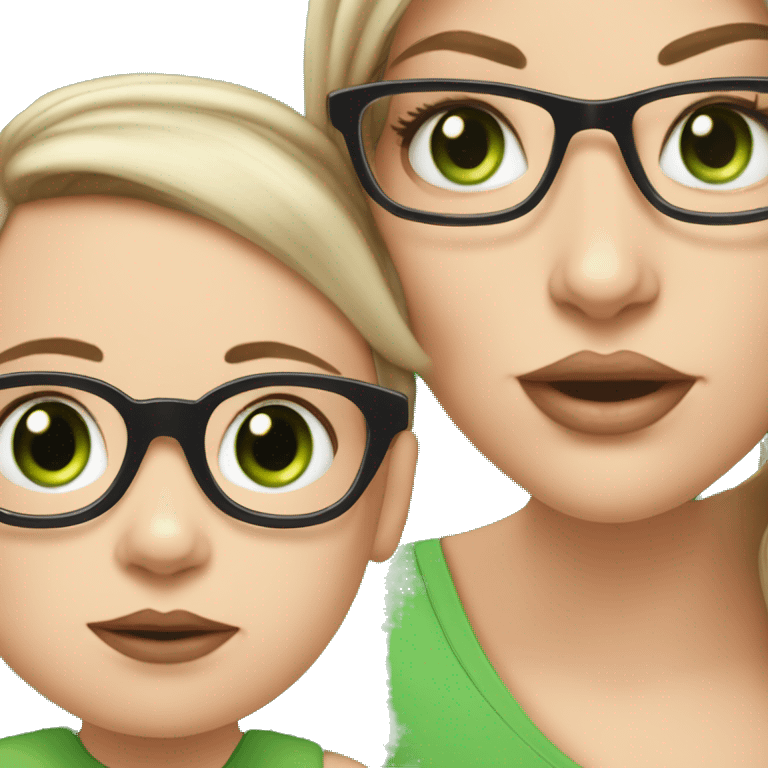 White girl with Black not that long straight hair, with green eyes and glasses, big lips is holding her white, one year old green eyes baby son emoji