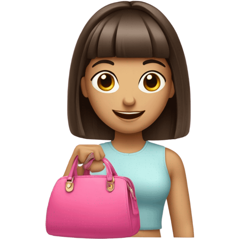 Happy brunette girl with bangs holding pink purse emoji