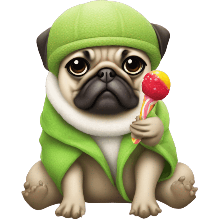 Pug wearing Ugg slippers and a frog hat eating a lolly emoji