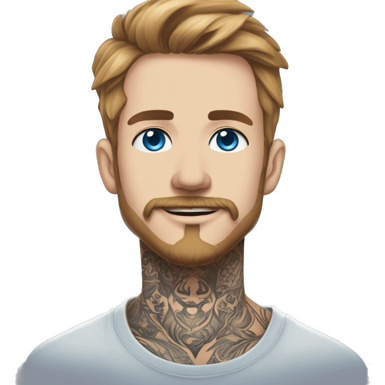 Man with Light brown hair, neck tattoos, arm tattoos, mustache and beard, blue eyes, silver nose piercing hoop, black anime graphic tee emoji