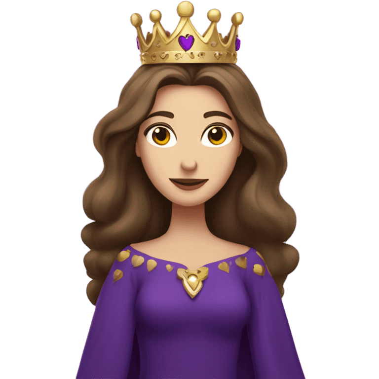 Caucasian long  brunette woman wearing formal royal purple robes and a crown. A burst of hearts are floating in the air around her head emoji