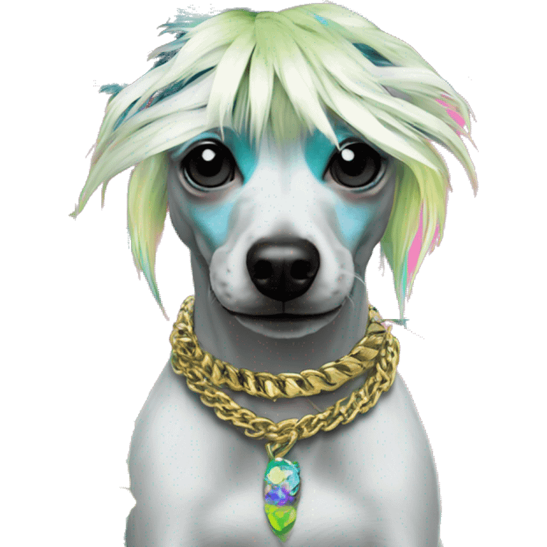 Punk tropical palm leaves flowers Chinese crested dog neon rainbow cyan blue lime green pink hair gold chain punk piercings tattoos punk ear piercings emoji