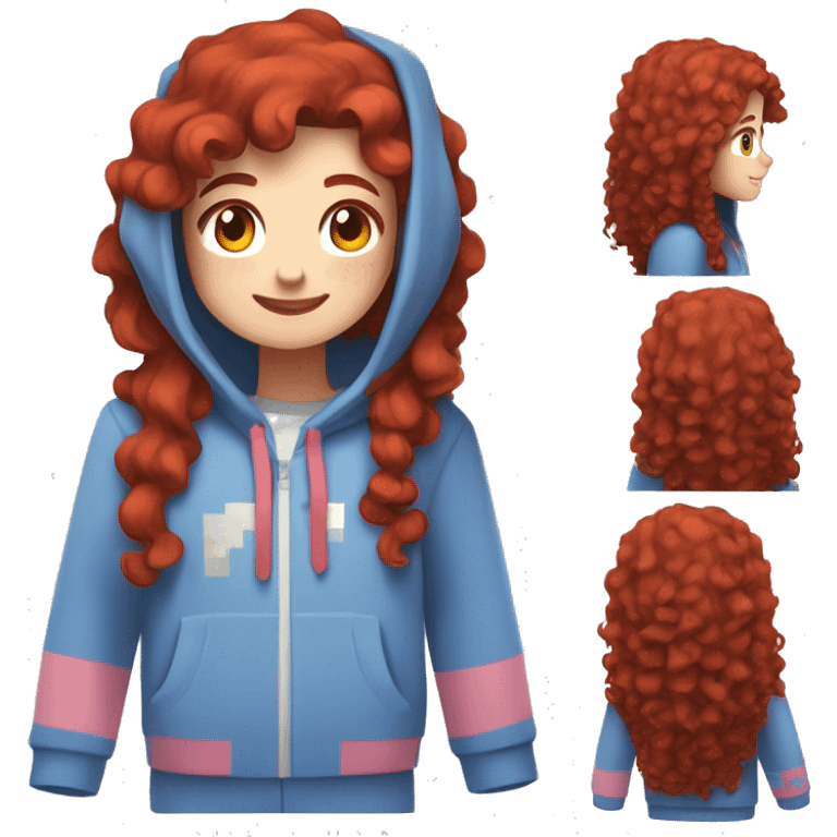 a white girl with long red curly hair and freckles, wearing periwinkle Minecraft hoodie playing a videogame smiling emoji