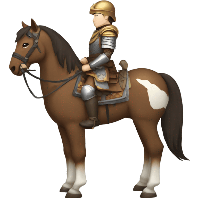 a mongolian soldier  with white skin and brown armor on a horse from the side emoji