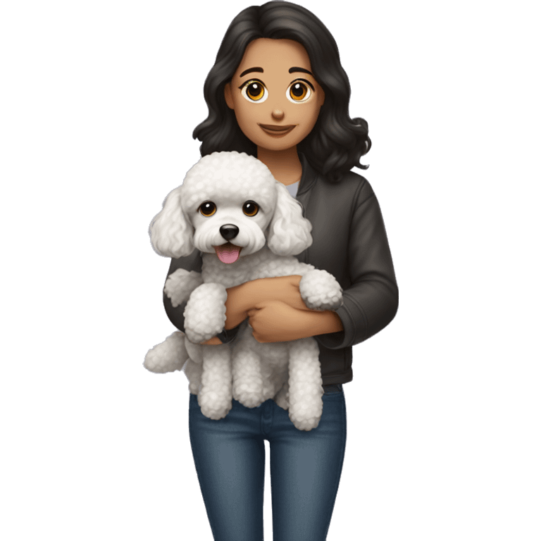 Girl with dark hair and toy poodle dog emoji