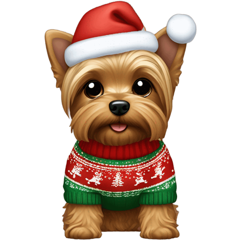 Yorkie Mix wearing a Christmas sweater emoji