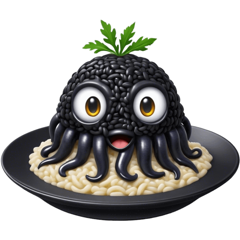 Cinematic Realistic Black Risotto Dish Emoji, showcasing a rich squid ink-infused risotto rendered with bold textures and dynamic, dramatic lighting. emoji