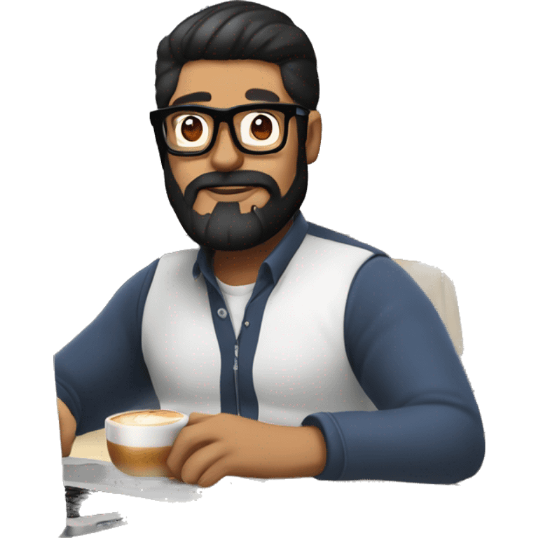 Designer with black hair, beard and glasses working with MacBook and drinking cappuccino ketchup emoji