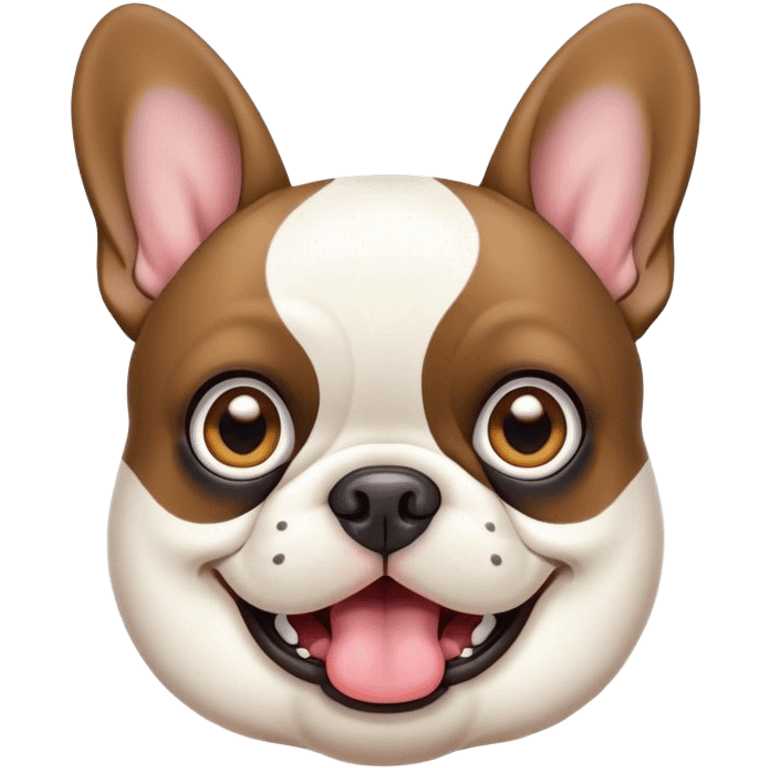 Cinematic Comical Pied French Bulldog Portrait Emoji, Head tilted with an exaggeratedly shocked, comical expression and wide, humorously expressive eyes, showcasing a distinctive pied fur of contrasting hues and a charmingly goofy face, simplified yet hilariously detailed, glowing with a sassy, playful radiance, high shine, exuding a mischievous and meme-worthy charm, styled with a soft glowing outline, capturing the essence of a Pied French Bulldog that looks ready to spark a viral laugh! emoji