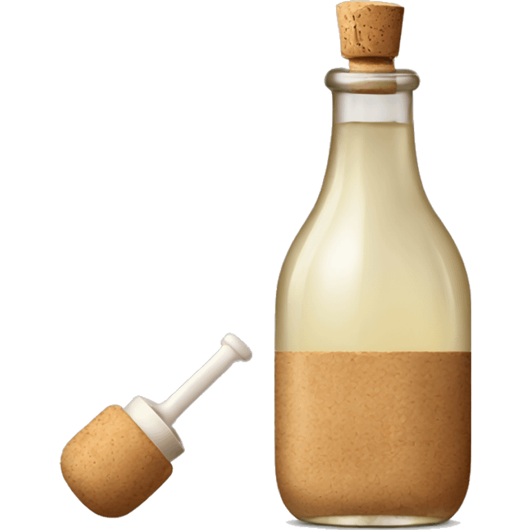 bottle of vinegar with the cork and a nozzle; spoon is laying neat the bottle emoji