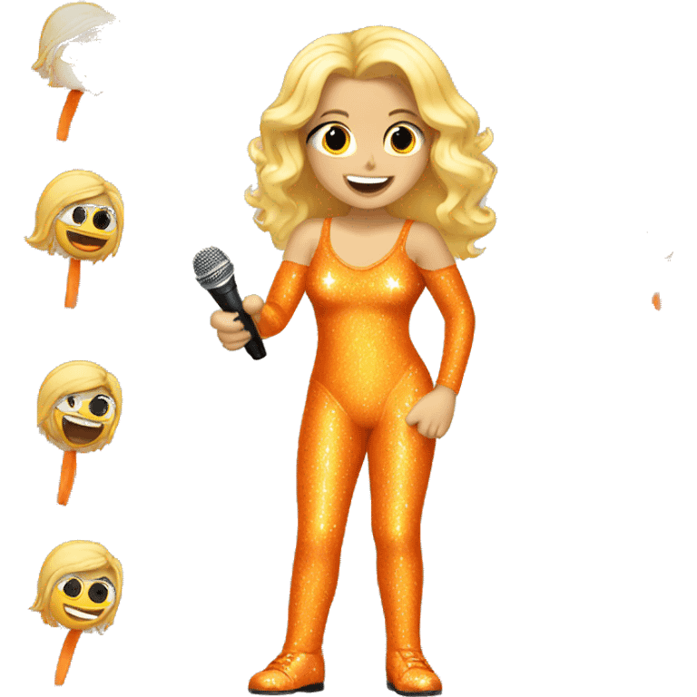 blond girl with orange sparkly bodysuit and microphone emoji