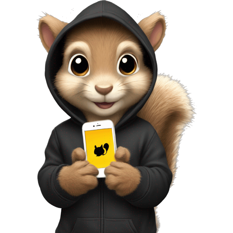 Cute realistic fluffy Squirrel with fluffy ears in black hoodie holding an iPhone  emoji