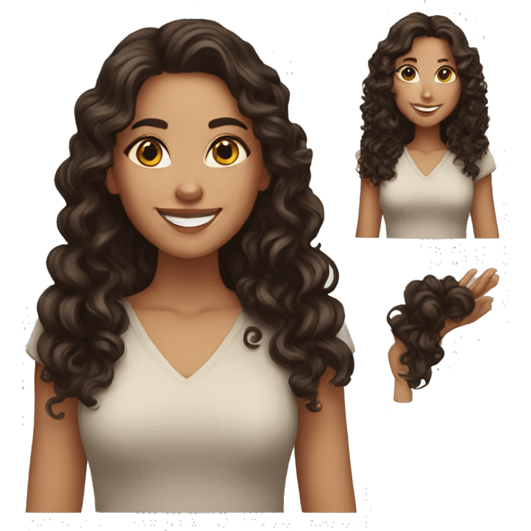 White woman, long dark brown curly hair, happy, say hello with sher hands emoji