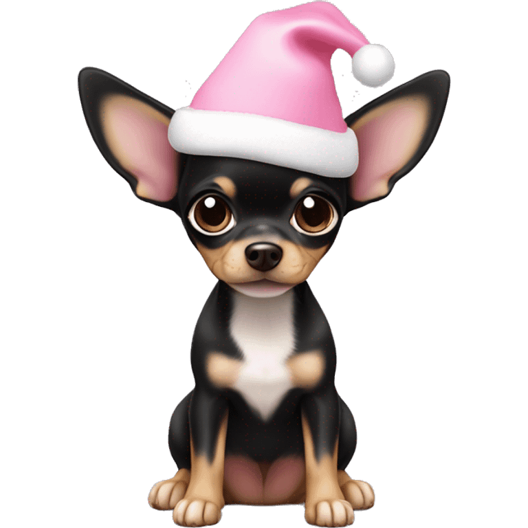 black & tan chihuahua puppy full body light blue eyes pink christmas hat on emoji